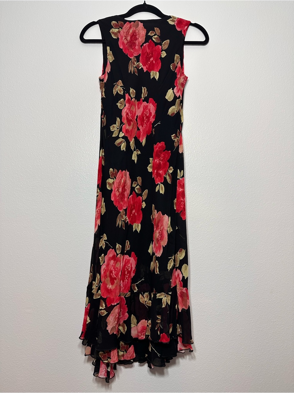 Petite Sophisticate Black Maxi Dress with Red Floral Print
